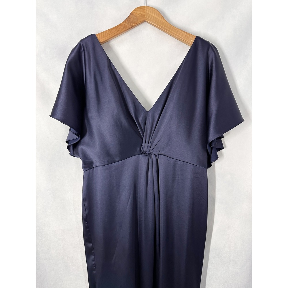 Revelry Gwen Navy Short Sleeve Navy Blue Satin Floor Length Gown Women's Size 22 - Picture 3 of 12
